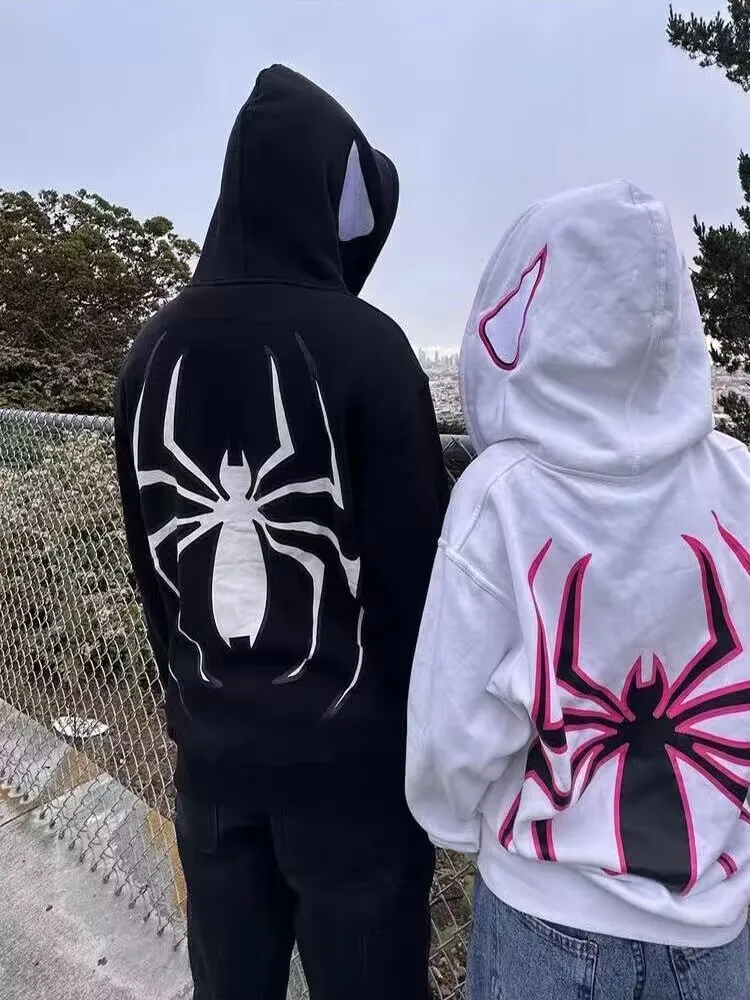 Harajuku Fashion Y2K Oversized Coat Personality Spider Print Women's Hoodie Autumn And Winter Punk Full Zip Up Hoodie Tops