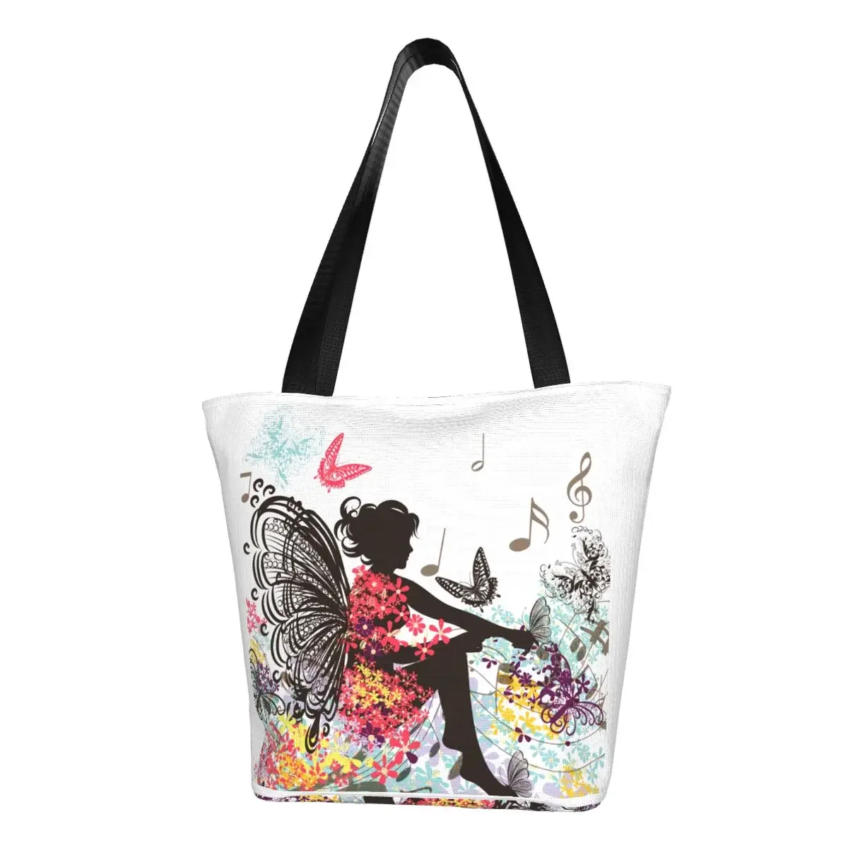 Floral Fairy With Butterflies Groceries Shopping Tote Bag Women Funny Flower Canvas Shoulder Shopper Bags Large Capacity Handbag