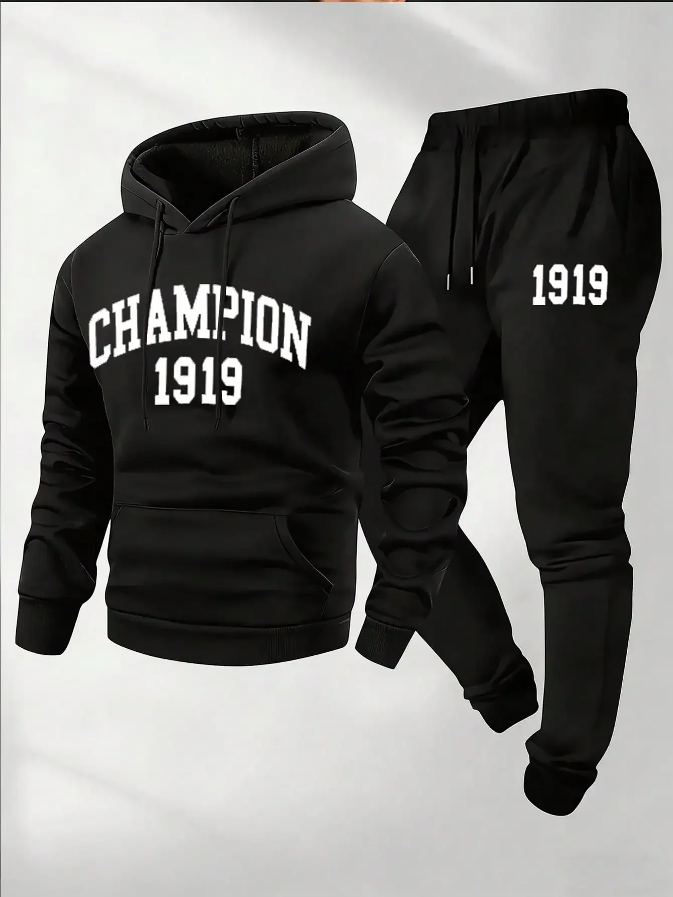 Men's Classic Champion 1919 Print Hoodie Set, Including Hooded Sweatshirt and Tapered Jogger Pants, Sports Outfit