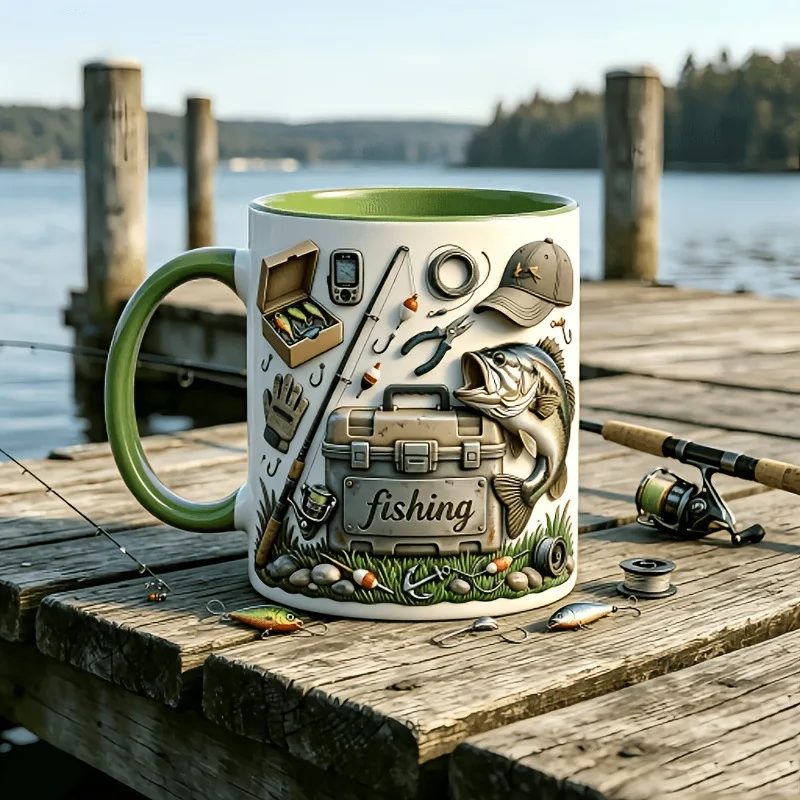 Meerkleurige 2D keramische mok, creatief ontwerp, ideaal voor vissen en buitensporten, koffiemok, waterbeker, cadeau