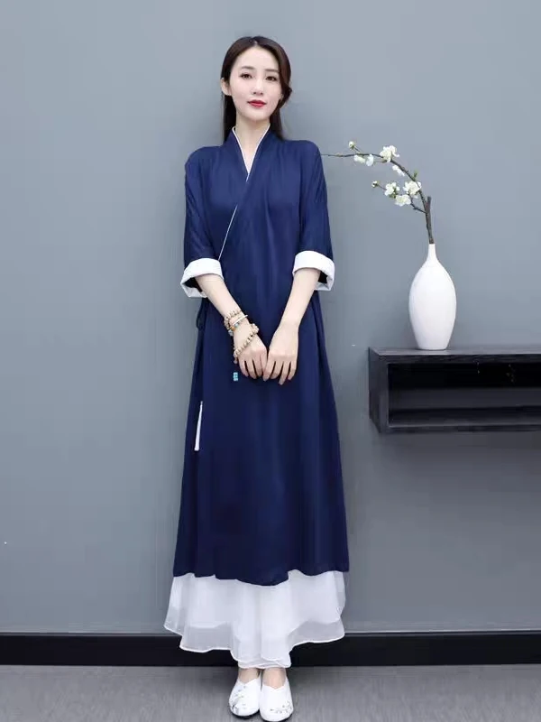 

Ele Chinese Hanfu Yoga Robe Set Monocomatic Lapel Belted Zen Tea Ceremony Long Pajamas Cotton V-Ne Loose Fit