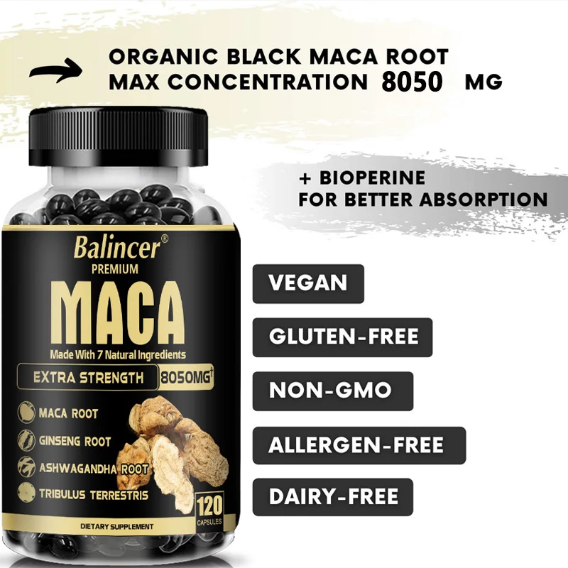 Suplemento de Maca Balincer, Ginseng, Ashwagandha, Tribulus, Terrestris, 8050mg, masa muscular, resistencia y vitalidad