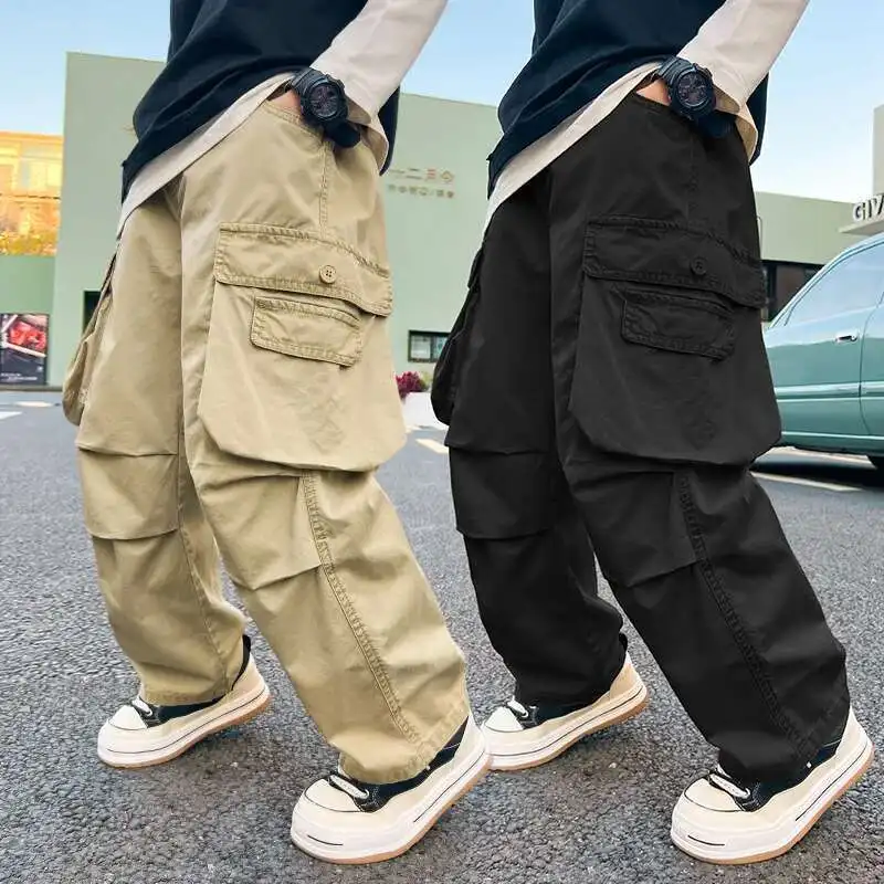 

Teenage Boys Wide Leg Cargo Straight Leg Pants Children Trousers Spring New Feet Draw Rope Two Wear Casual Pockets Pants