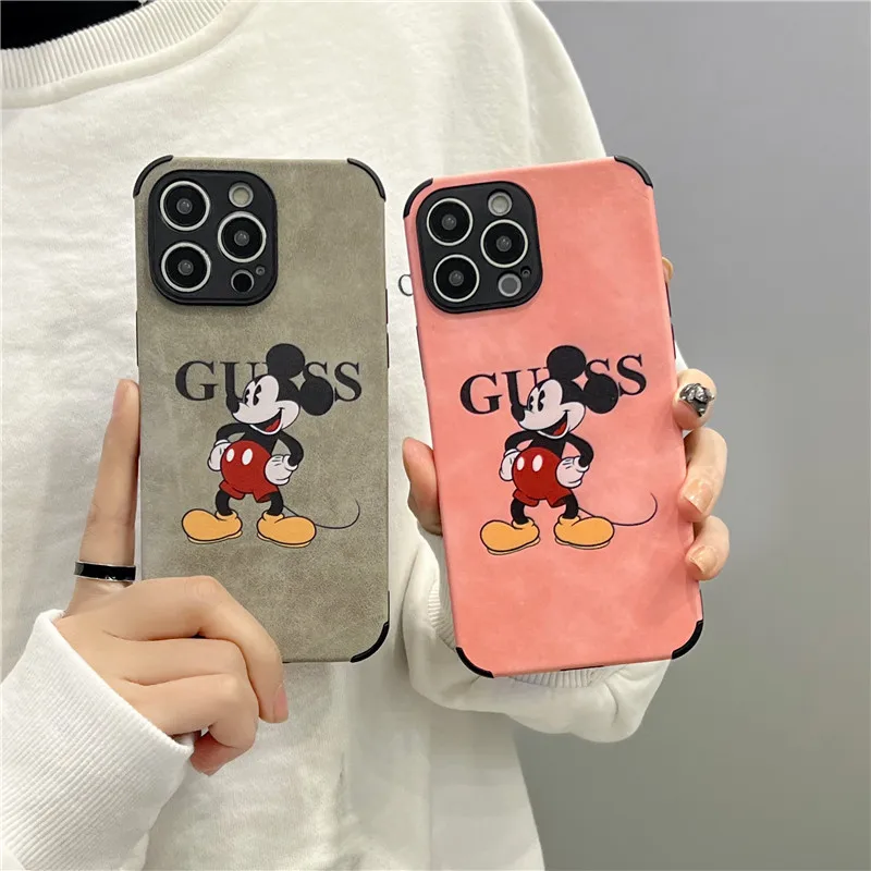 Luxury brand fur anti drop phone case for iPhone 13 12 11 14 15 16 Pro Max cartoon Mickey Minnie suede soft leather cover