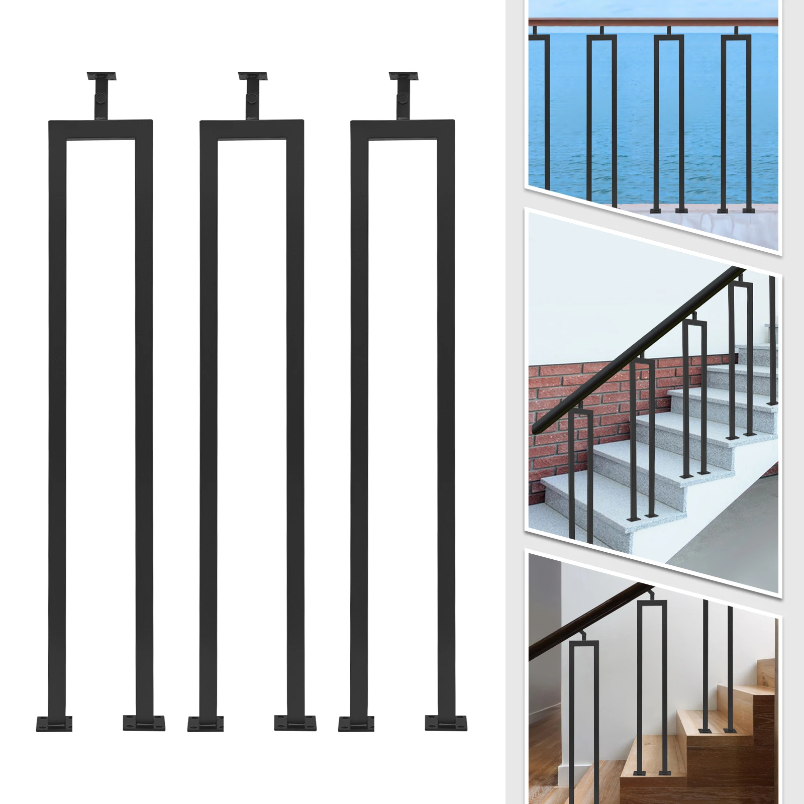 

Комплект из 3 балясин для лестниц, 91,5 см, черные металлические балясины для перил, регулируемые на 45° ° Верхняя пластина для пола и лестниц, защитный поручень