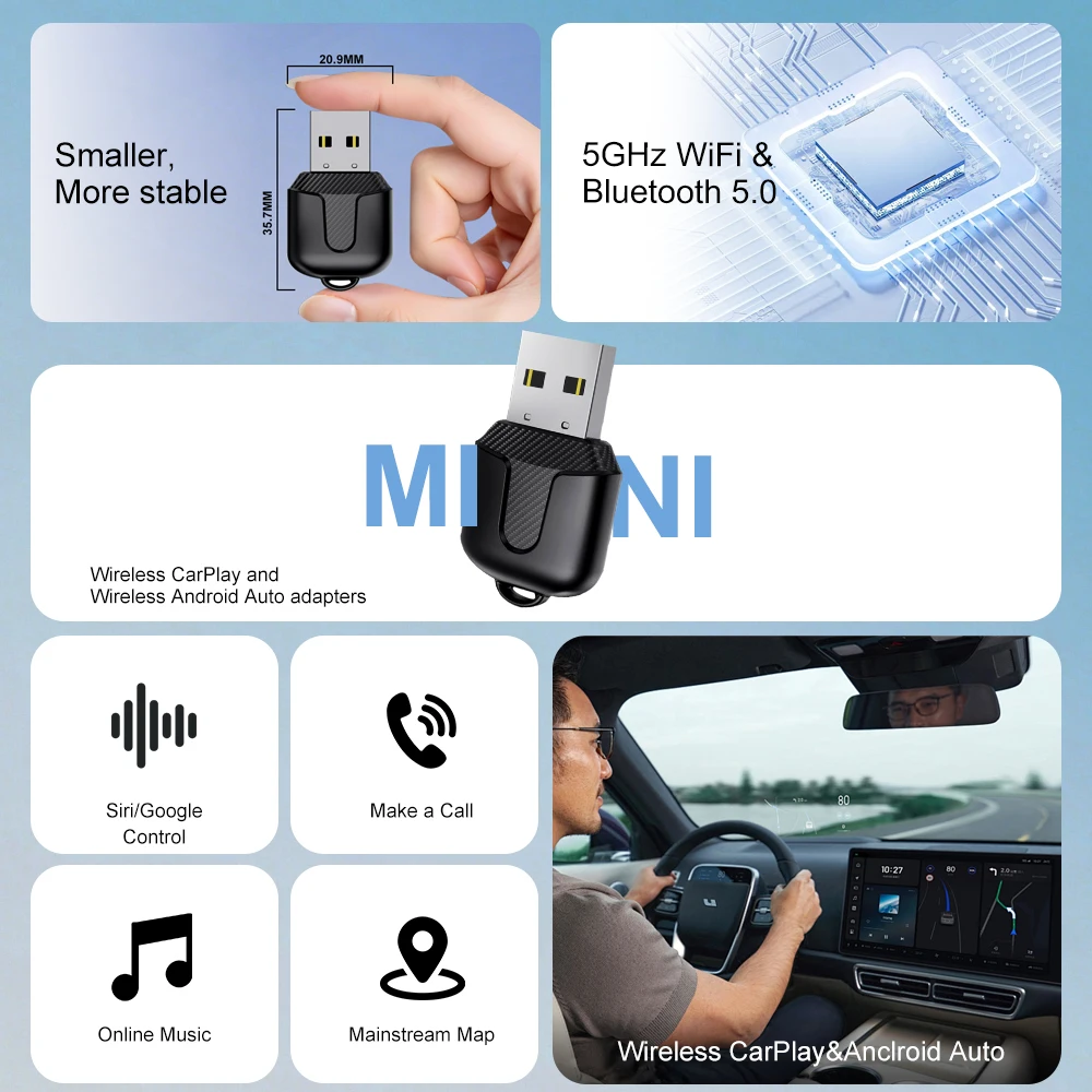 NEWEST CarPlay Android Auto Adapter Wired To Wireless 5GHz WiFi5.0, type-c Plug and Play, for Original Wired CarPlay/Auto Cars