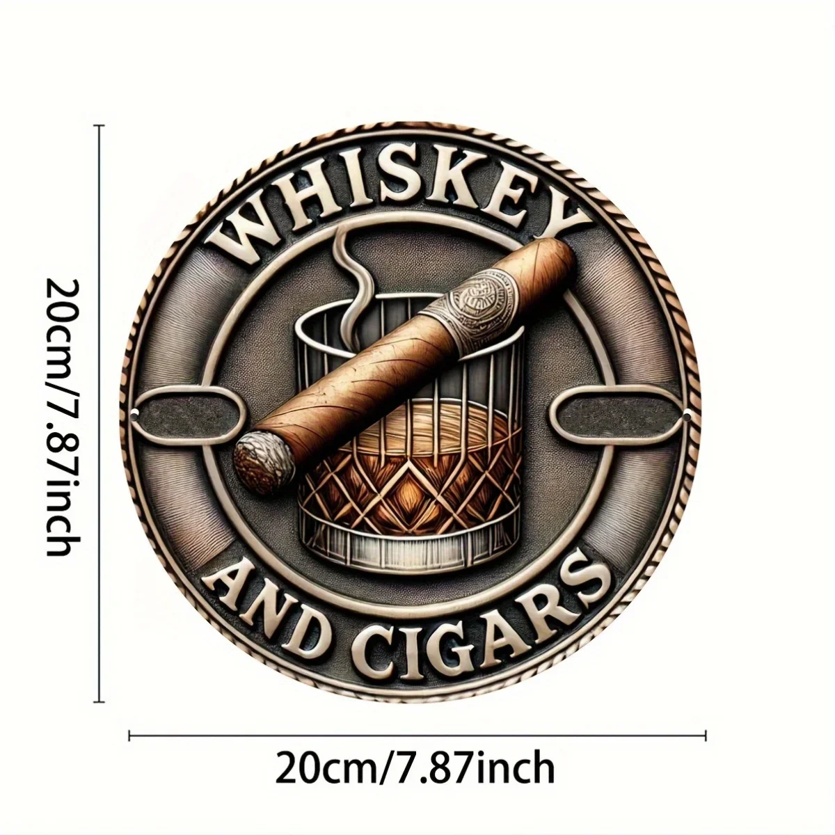 Vintage Retro Whiskey And Cigars Round Tin Sign, 3D Effect Embossed Whiskey Glass with Cigar Metal Wall Art, Rustic Man Cave Bar