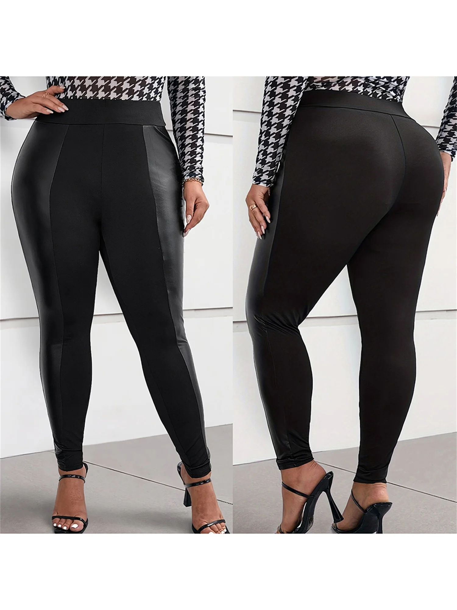 Women Plus Size Faux Leather Leggings High Waist Stretchy Tights  Fit Pants Patchwork Streetwear Fashion Trend