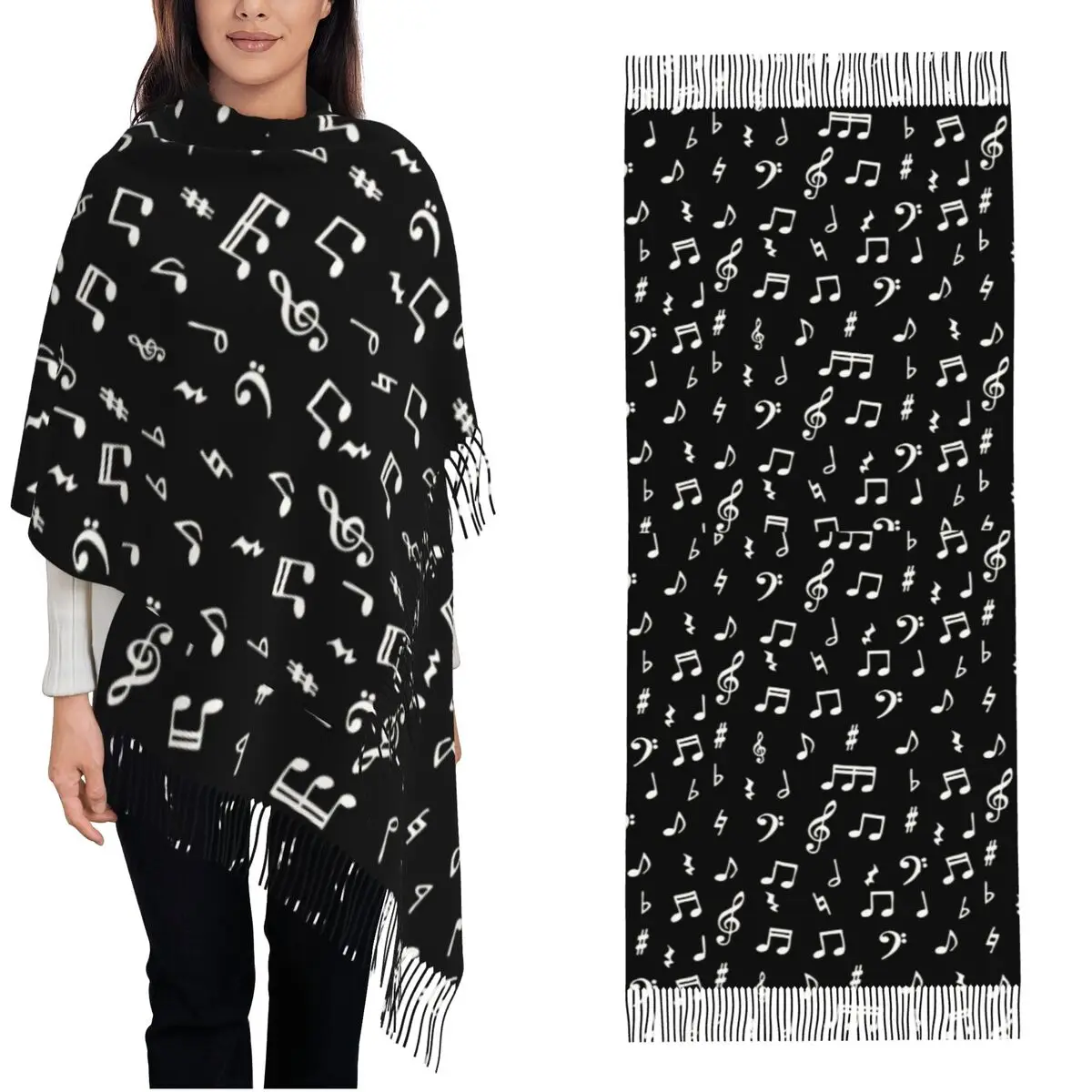 

Женский шарф с кисточкой, музыкальные ноты, черно-белый длинный мягкий теплый платок, подарки, шарфы из пашмины