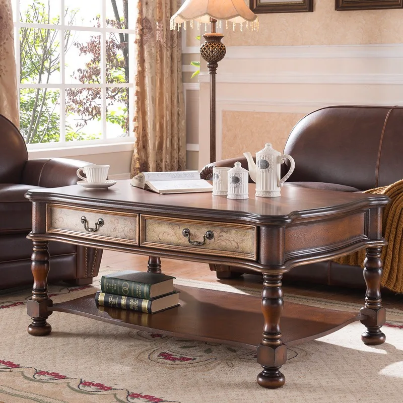 Factory wholesale American country coffee table double table retro old painted furniture four drawers walnut brown
