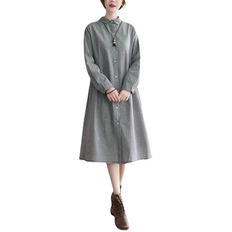 فستان ربيع وخريف جديد عتيق فضفاض من القطن والقنب بياقة مربعة وأكمام طويلة للنساء، فساتين قميص متوسطة إلى طويلة