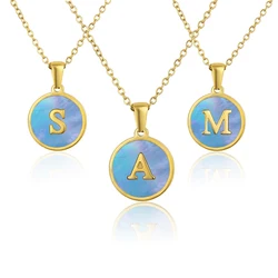 MHS.SUN Fashion Blue Shell Alphabet Pendant Necklace Stainless Steel Initial Letter Charm Chain Choker For Women Men Jewelry