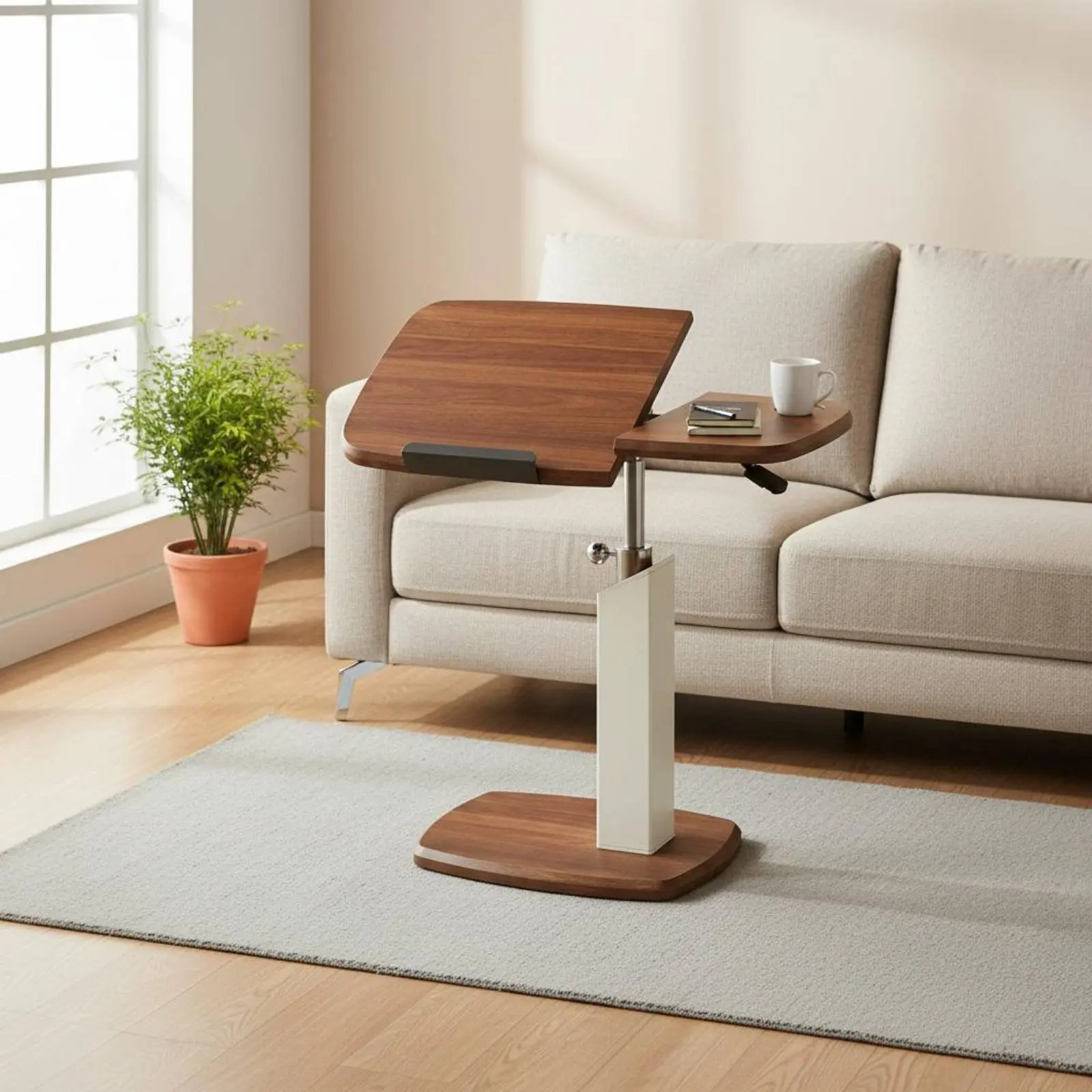 Escritorio giratorio para computadora portátil junto a la cama °   Mesa Auxiliar Giratoria para Sofá con Altura Ajustable, Mesa en Forma de C con Ajuste Hidráulico a Gas