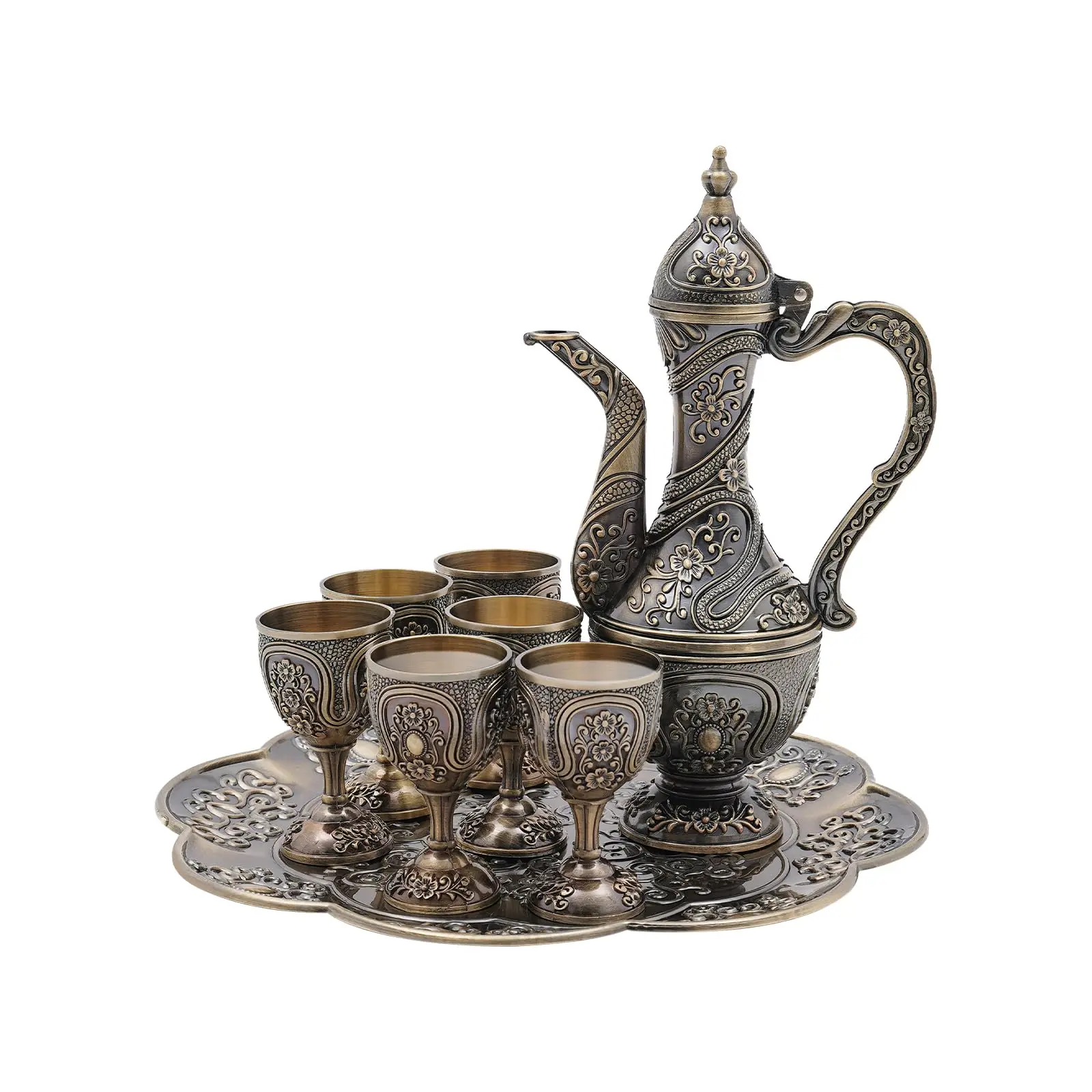 

Винтажный набор турецких кофейных чашек и чашек, сервиз для чая, включая чайник, поднос для чая и металлические чашки для украшения дома, свадебный подарок