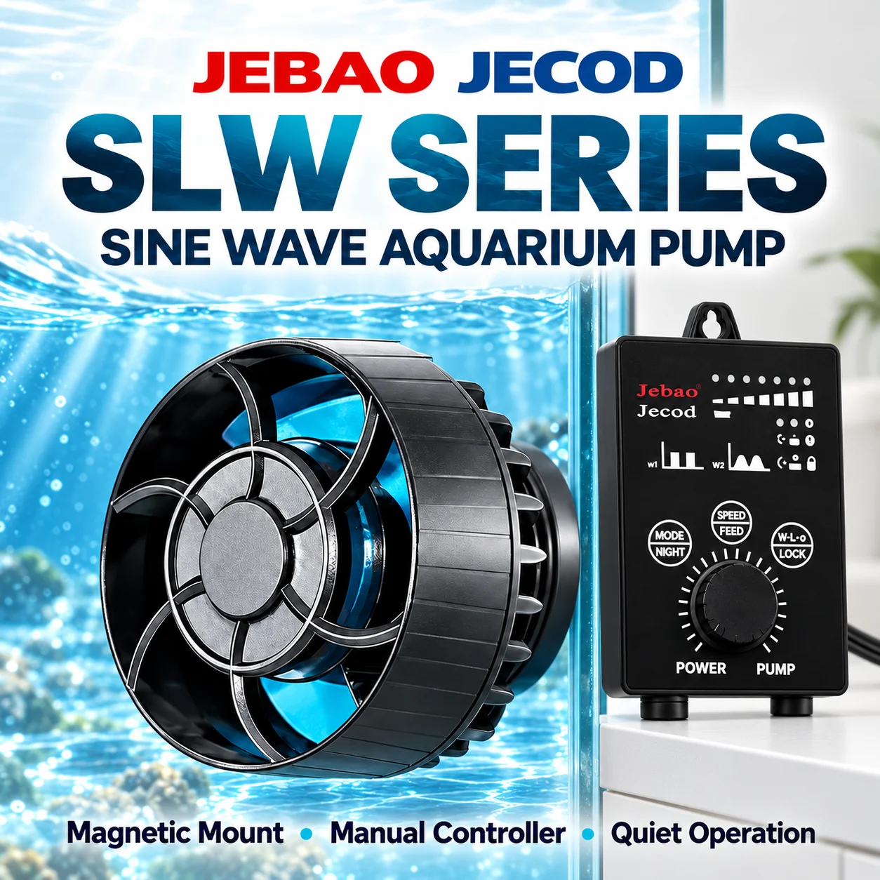 Jecod Jebao SLW-3/5/10/20/30 Quiet Sine Wave Aquarium Wavemaker Pump with Controller for Freshwater and Saltwater Tanks