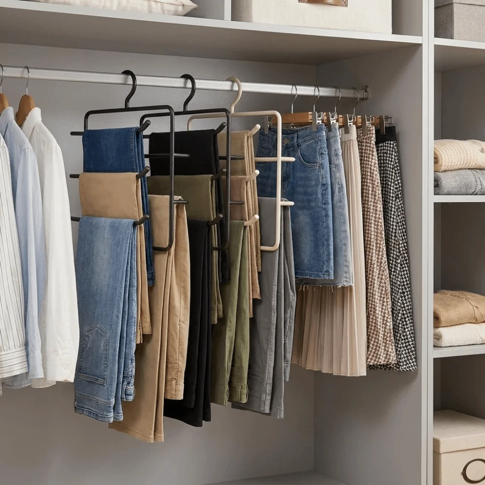 Multi-functional Iron Multi-Layer Trouser Racks Non Slip Hanging Scarf Tie Rack Space Saving Closet Pants Organizer for Home view 3