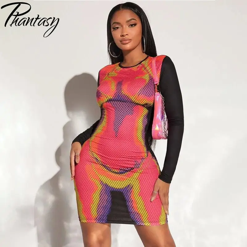 Phantasy Sexy Fashion Dress for Women Tie-Dye Printing Slim Dress Female Summer O-Neck Long Sleeve Mini Party Dress Clothes