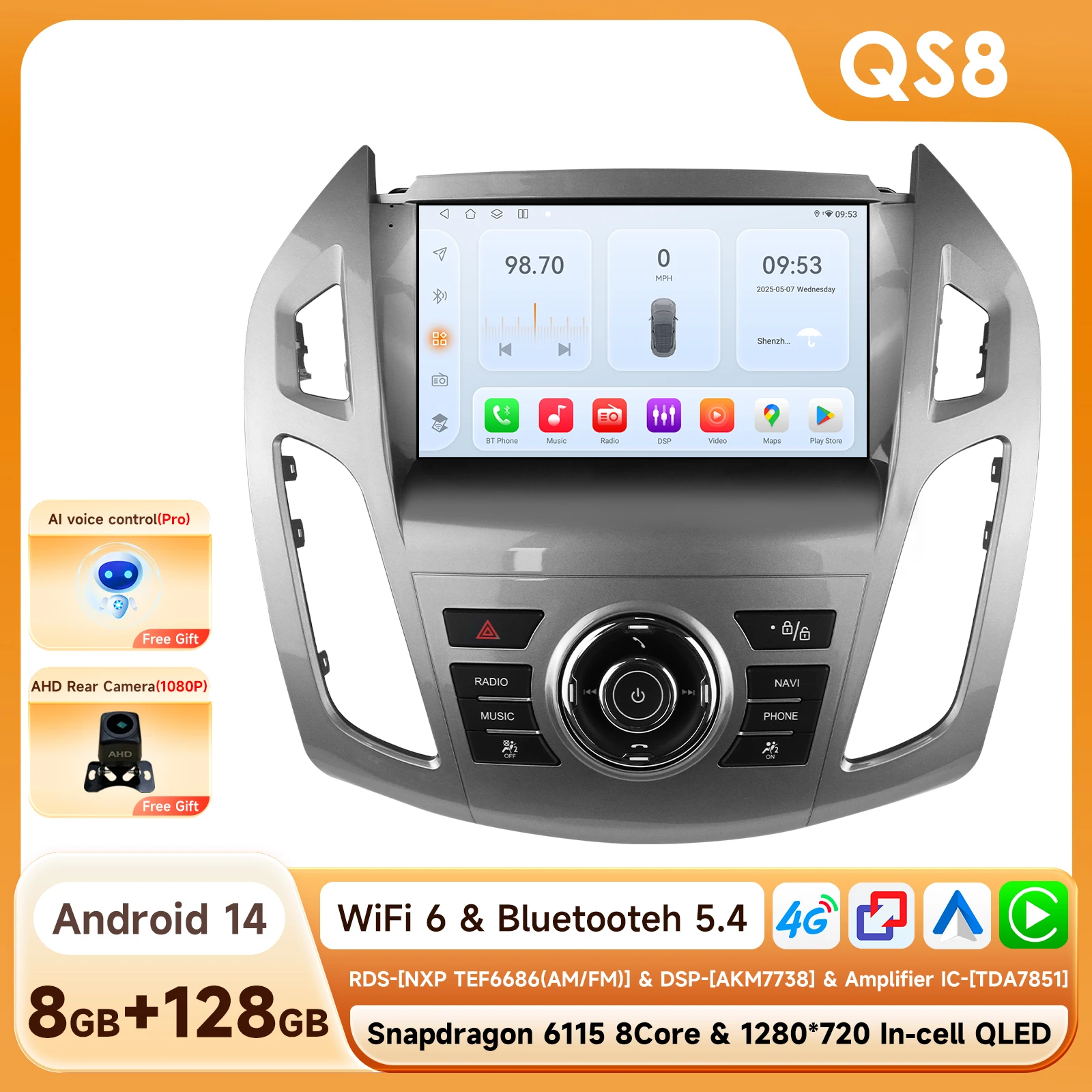 2-DIN Android 14 autoradio voor FORD Transit/Tourneo Connect 2013-2018 multimediaspeler 4G 8-core autoradio 6115 Carplay scherm