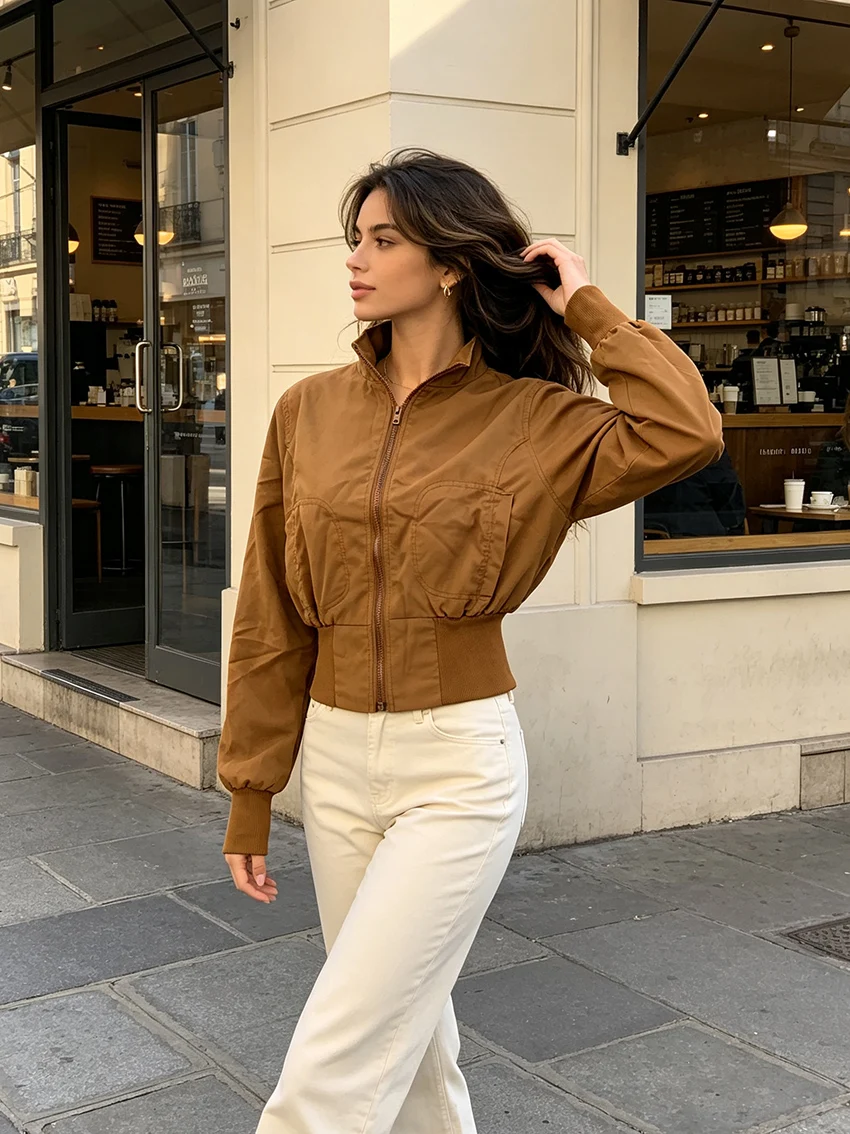 American Retro Ladies Short Flight Jackets Stand Neck Zip Up Rib Waist Cuff Pocket Long Puff Sleeve Crop Windbreaker Outer Coats