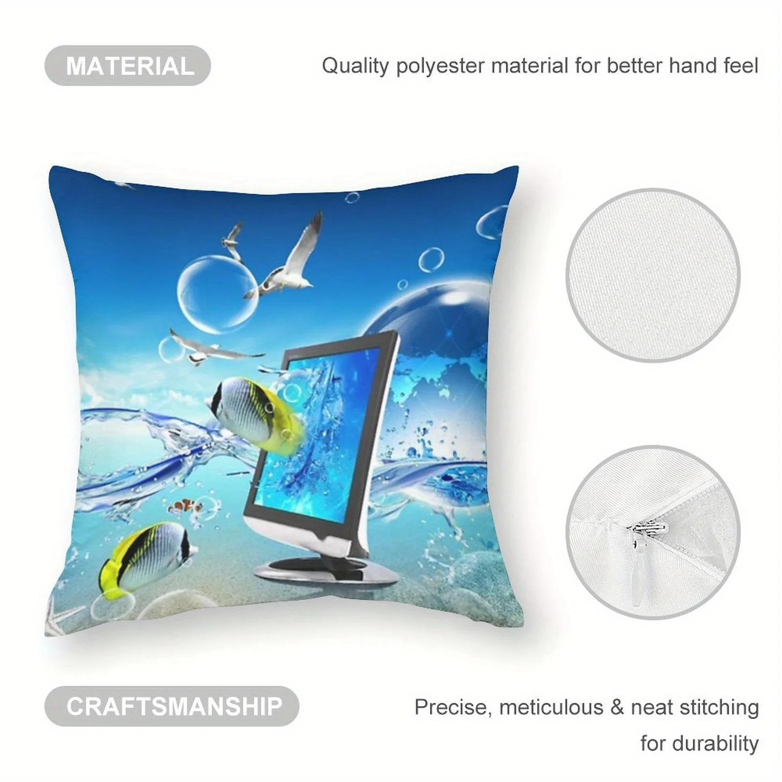 Frutiger Aero Tech Double-Sided Pillowcase, Y2K Fish Monitor Icon Cushion Cover with Zipper, Washable Decor Case