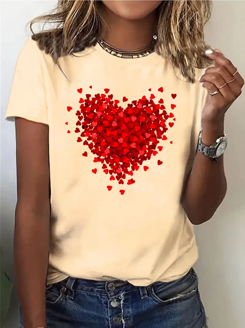 Lässiges Y2k Mode T-Shirt mit Herz- und Schriftzug-Print, Kurzarm-T-Shirt, Kleidungsstück, Top, Sommer-Shirt für Damen und Mädchen