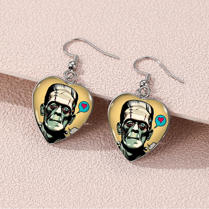 2024 New Frankenstein\'s Monster Dangle Earring Heart Shaped Earrings Handmade Glass Dome Jewelry