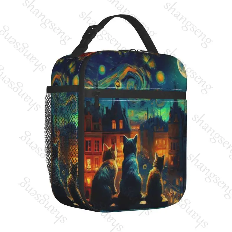 Oil Painting Van Gogh Black Cat Lunch Bag insulated bag student thickened waterproof Bento Bags Outdoor Travel Pack Picnic Bag