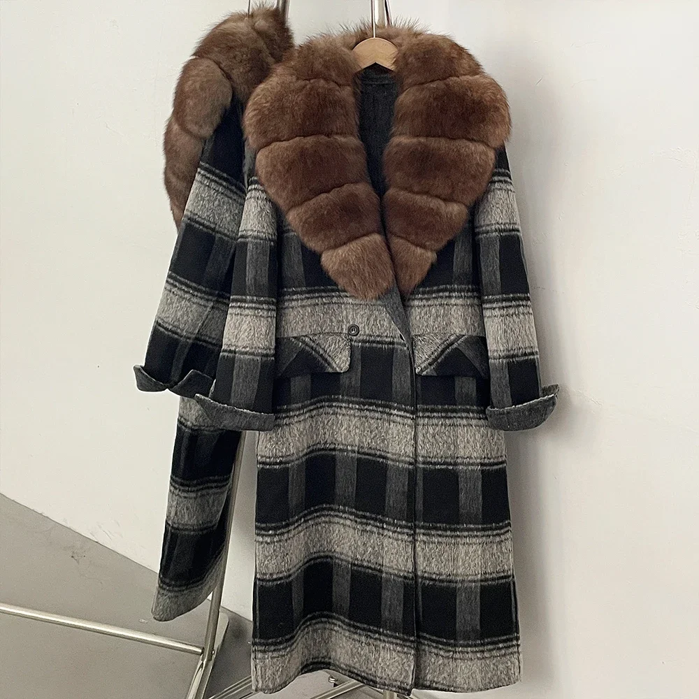 OFTBUY New Warm Winter Outerwear for Female Mid Long 100% Wool Coat Women Real Fox Fur Lapel Collar Vintage Plaid Woolen Jacket