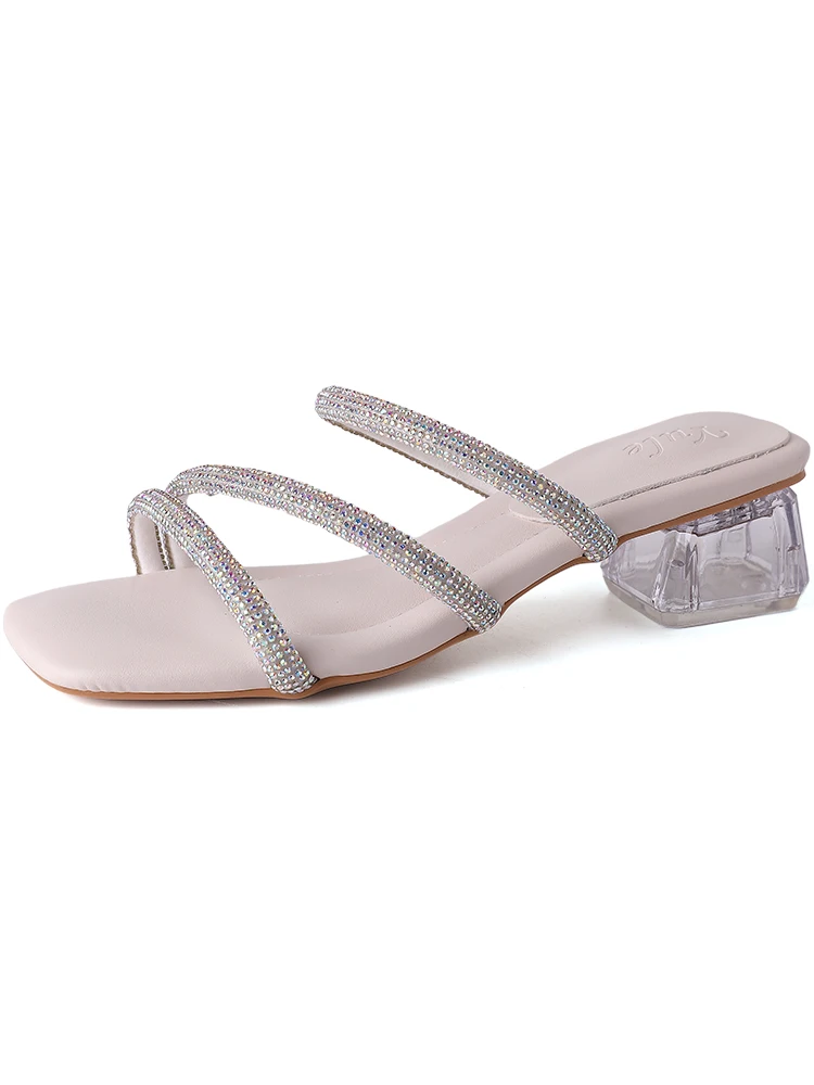Fashionable and Comfortable Diamond Square Head High Heel Slippers for Women's Shoes 2024 Summer New Thin Strap Sandals image 4