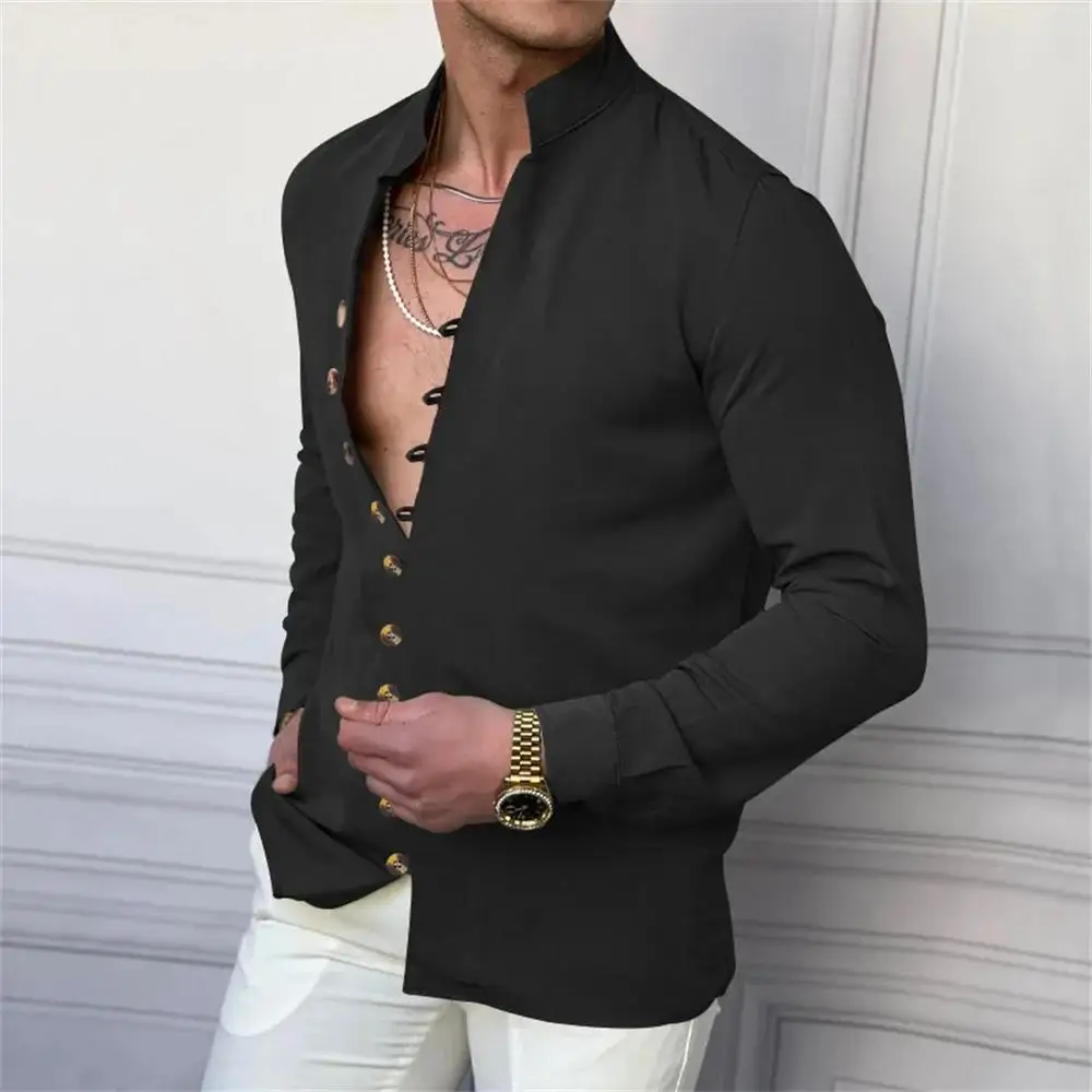 2025 린넨 남성 긴팔 셔츠 캐주얼 베이직 스타일 패션 싱글 브레스티드 셔츠 무슬림 남성 의류 헨리 남성 버튼업