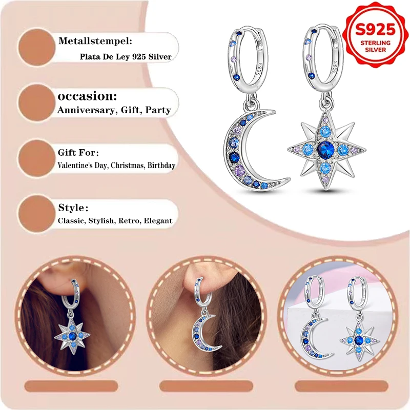 925 Sterling Silver Charms Star and Moon Earrings Studs Double Ring Original Women's Fashionable Exquisite DIY Jewelry Gift