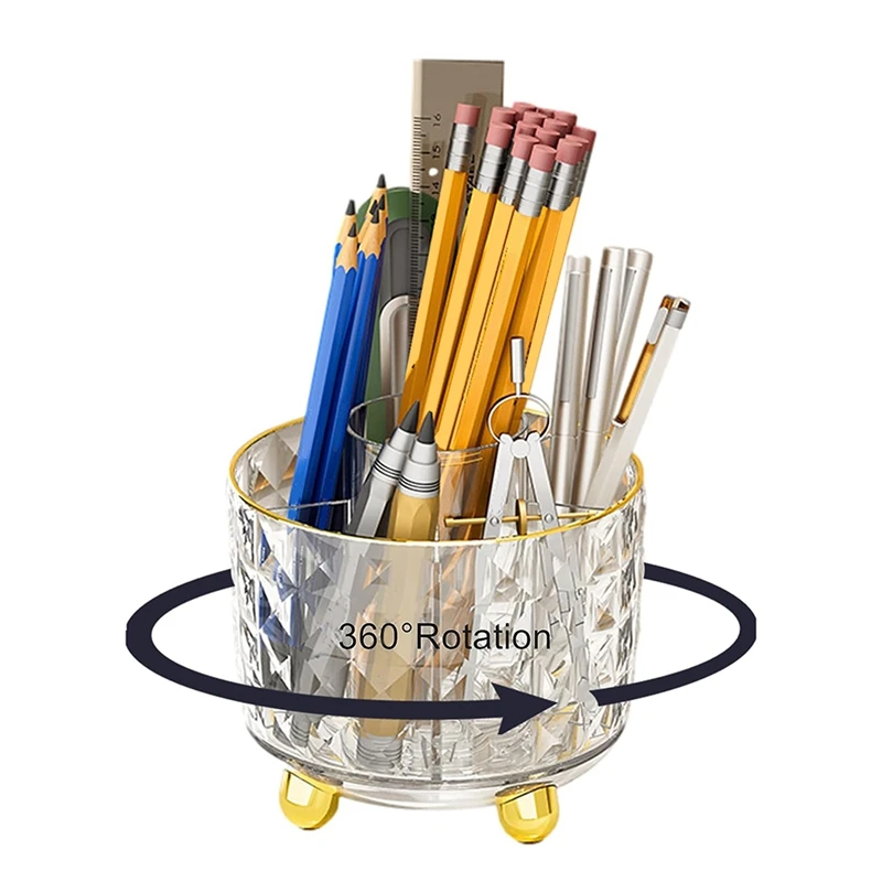Pencil Holder For Desk, Pen Holder, 360°Rotating Desk Organizers With Dust Cover For Desk, Office, School Clear