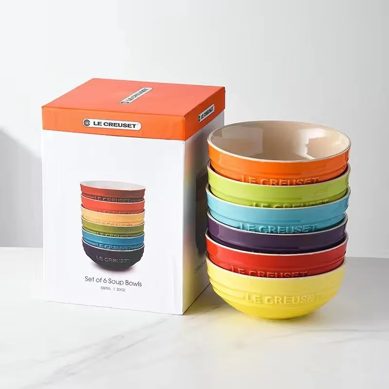 French Style Ceramic Bowl Set 6 Pieces, 12/15/20cm Porcelain Soup Rice Noodle Bowls, Rainbow Gift Box Kitchen Tableware