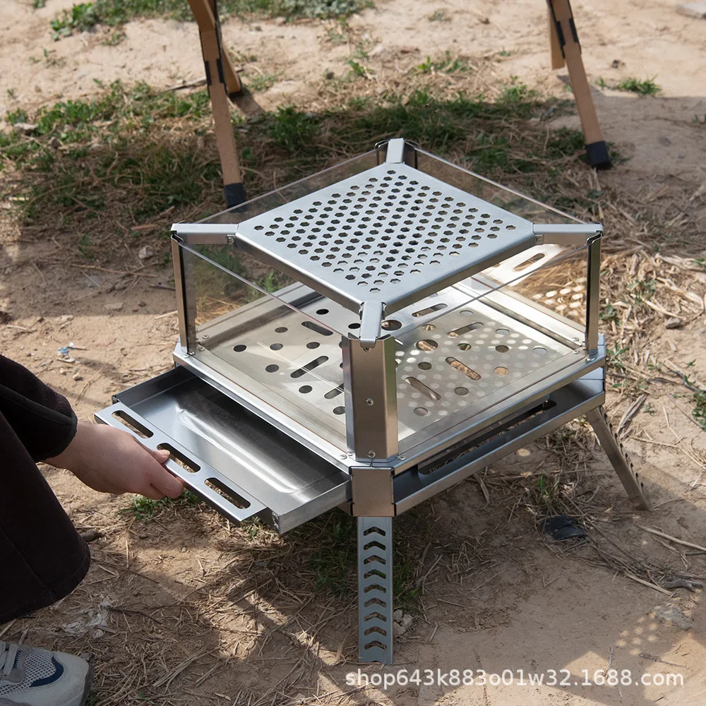 Microcrystalline Glass Fire Pit Portable Camping Wood Stove Outdoor Burner BBQ Grill for Tent Heating Cooking
