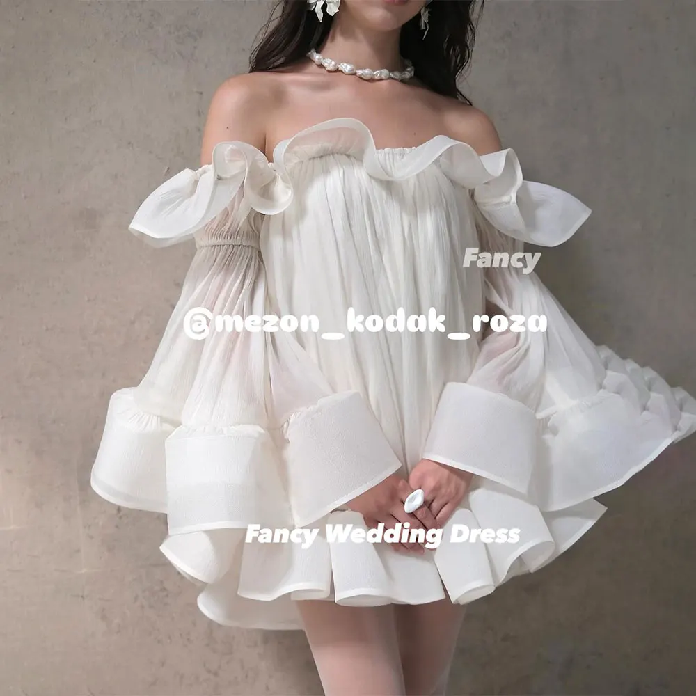 Ausgefallenes schulterfreies Prinzessin-Abendkleid mit langen Puffärmeln aus Organza, kurzes Mini-Geburtstagsparty-Kleid nach Maß