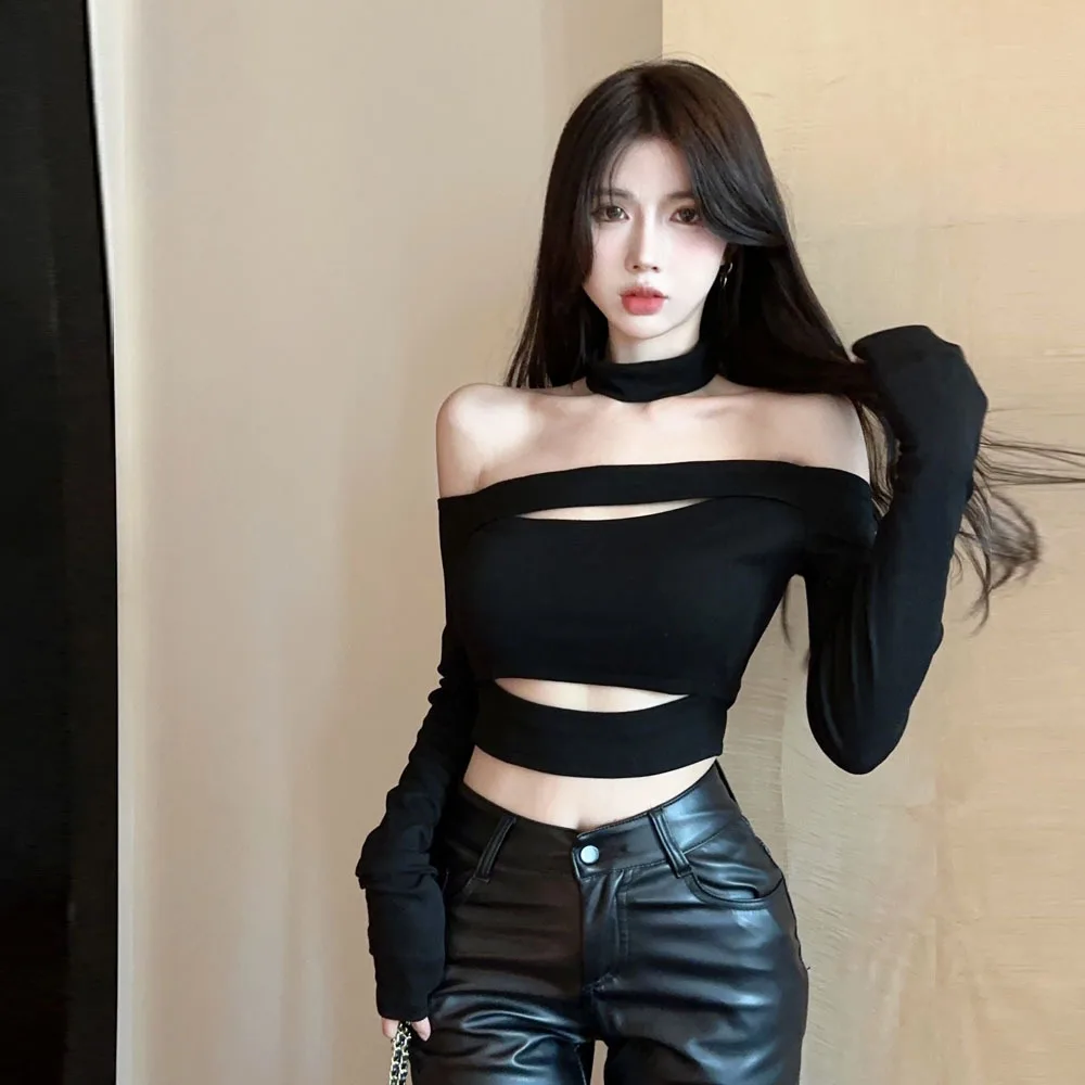 Black Hollow out Long Sleeve Short Base Shirt One Shoulder Design Crossbody T-Shirt Women's Fashion Straight Cut Summer Top