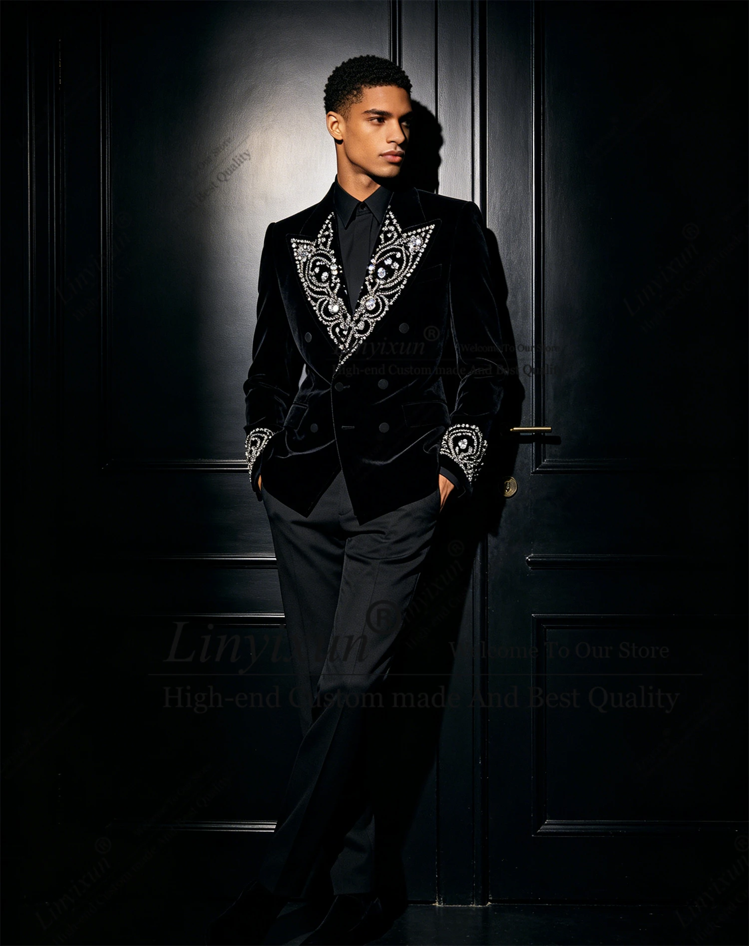 Hansome Suit Men 2 Piece Sets Sparkly Crystals Beading Jacket Pants Customized Groom Formal Party Tuxedos Male Business Tuxedo