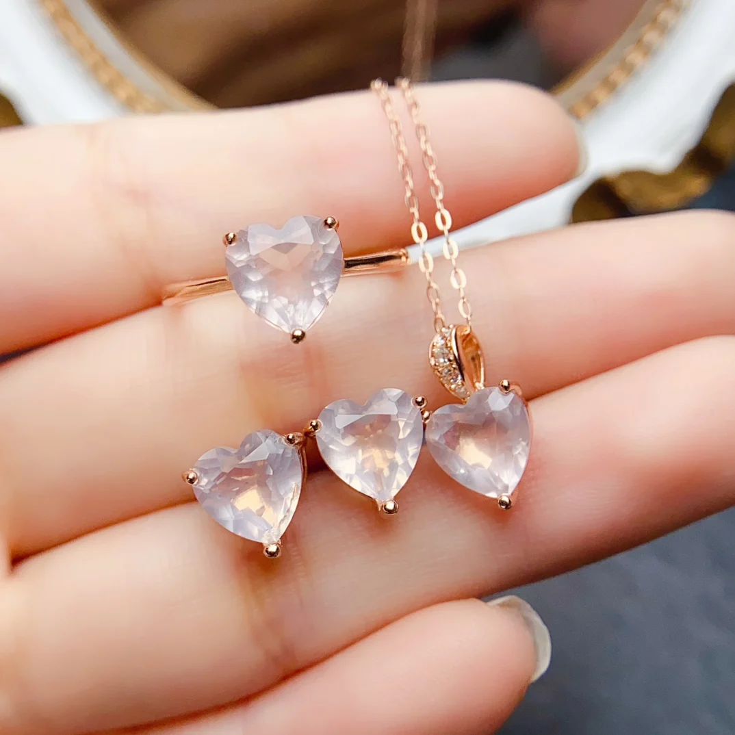 FS Natural Heart-shaped Rose Quartz Jewelry Set for Women S925 Sterling Silver Fine Weddings Jewelry Certificate Collection