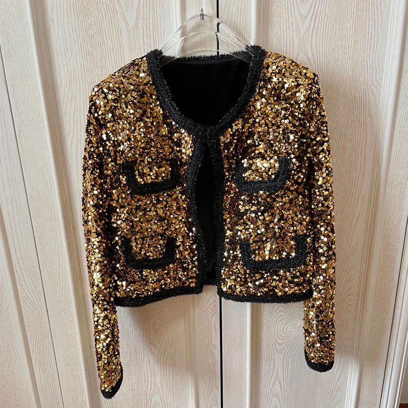 Tesco New Gold Vintage paillettes Blazer da donna girocollo manica lunga giacca moda per Prom o Club Party top femminili scintillanti