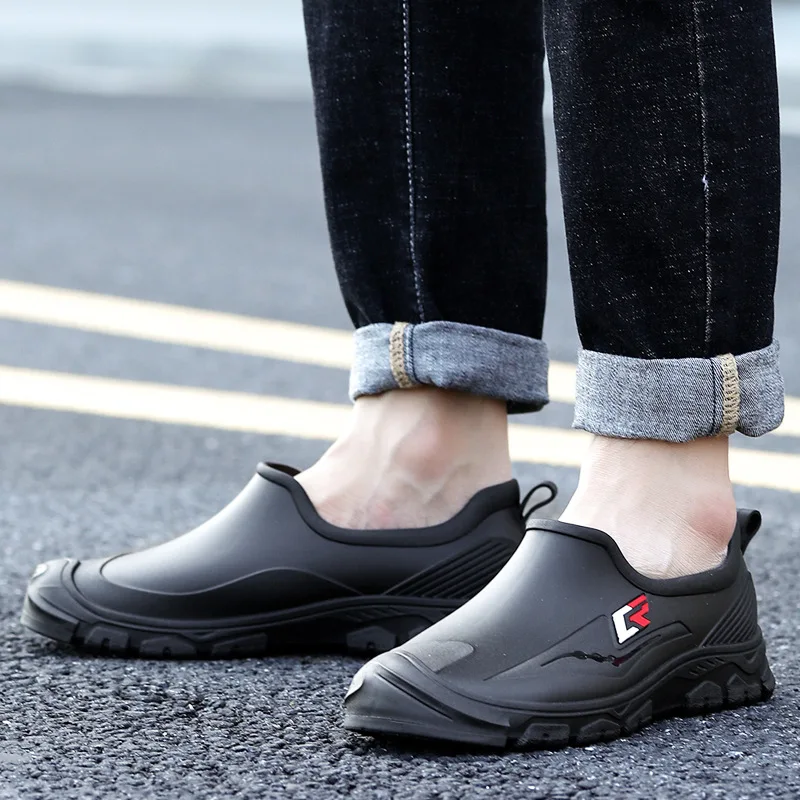 Mens Rubber Shoes Fashion Shallow Slip-on Flats Rain Shoes Waterproof Work Non-Slip Galoshes Husband Fishing Water Boot Footwear