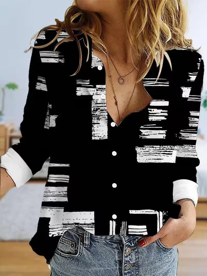 3D retro checkered printed shirt autumn long sleeved lapel button casual top New Style plus size women's Blouse tops