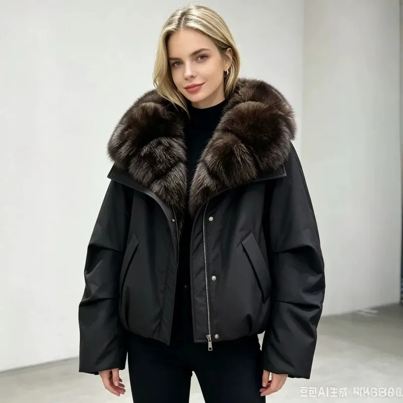 Winter New Style Women's Short Down Cotton-padded Jacket with A Large Fur Collar Imitating Foxes. Thickened Warm Style Overcomes