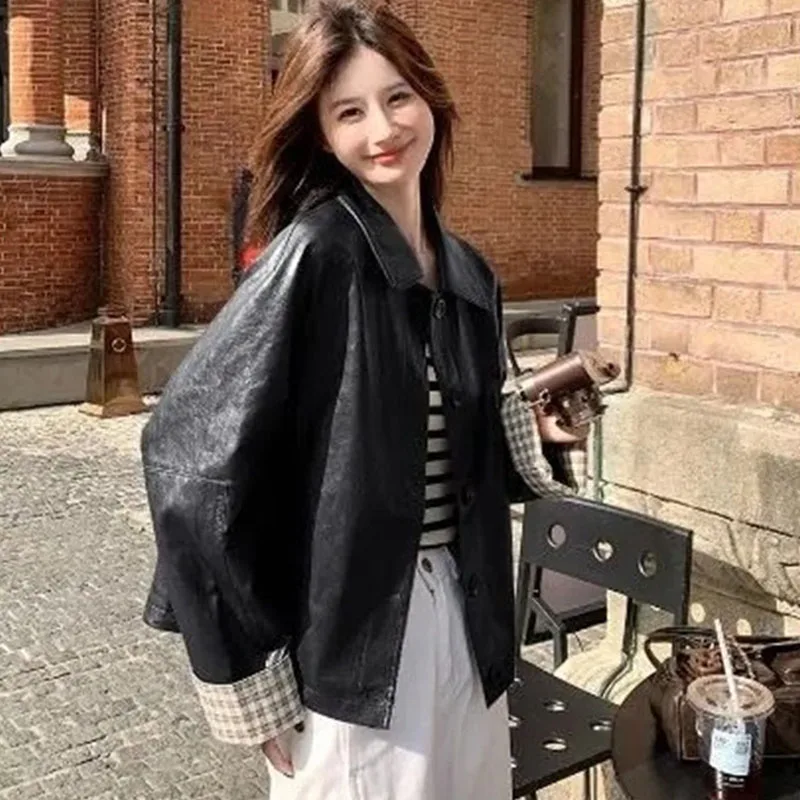 Autumn Female Long Sleeves Leather Jacket Korean Women Fashion Casual PU Leather Coat Korean Ladies Patchwork  Faux Leather Tops