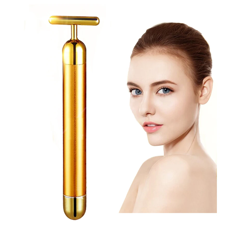 24k Gold Eye Massager Vibrating Facial Roller T Shape Beauty Machine Lift Bar Wrinkles Dark Circles Puffiness Remove Massager