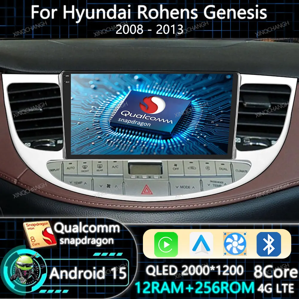 ヒュンダイ・ロヘンス・ジェネシス（2008-2013）用Android 15カーラジオ、クアルコム4G WIFI QLED GPSマルチメディアビデオプレーヤー、2DINカープレイ対応