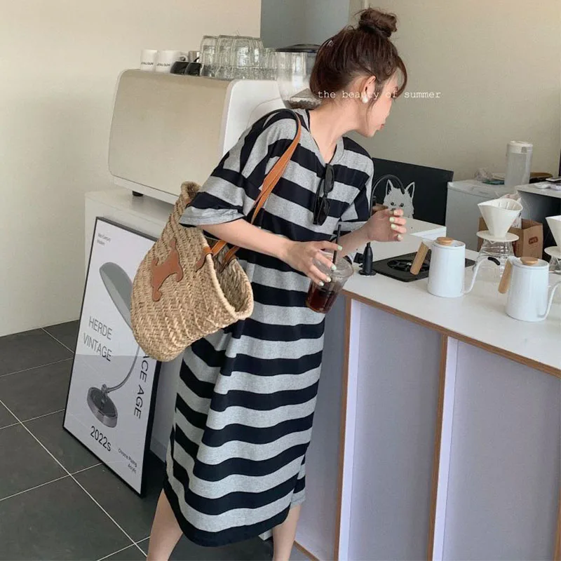 Fashion Lazy Wind Dresses Summer New Women O-Neck Striped Split Korean Casual Short Sleeve Loose Straight Loog T-shirt Dress