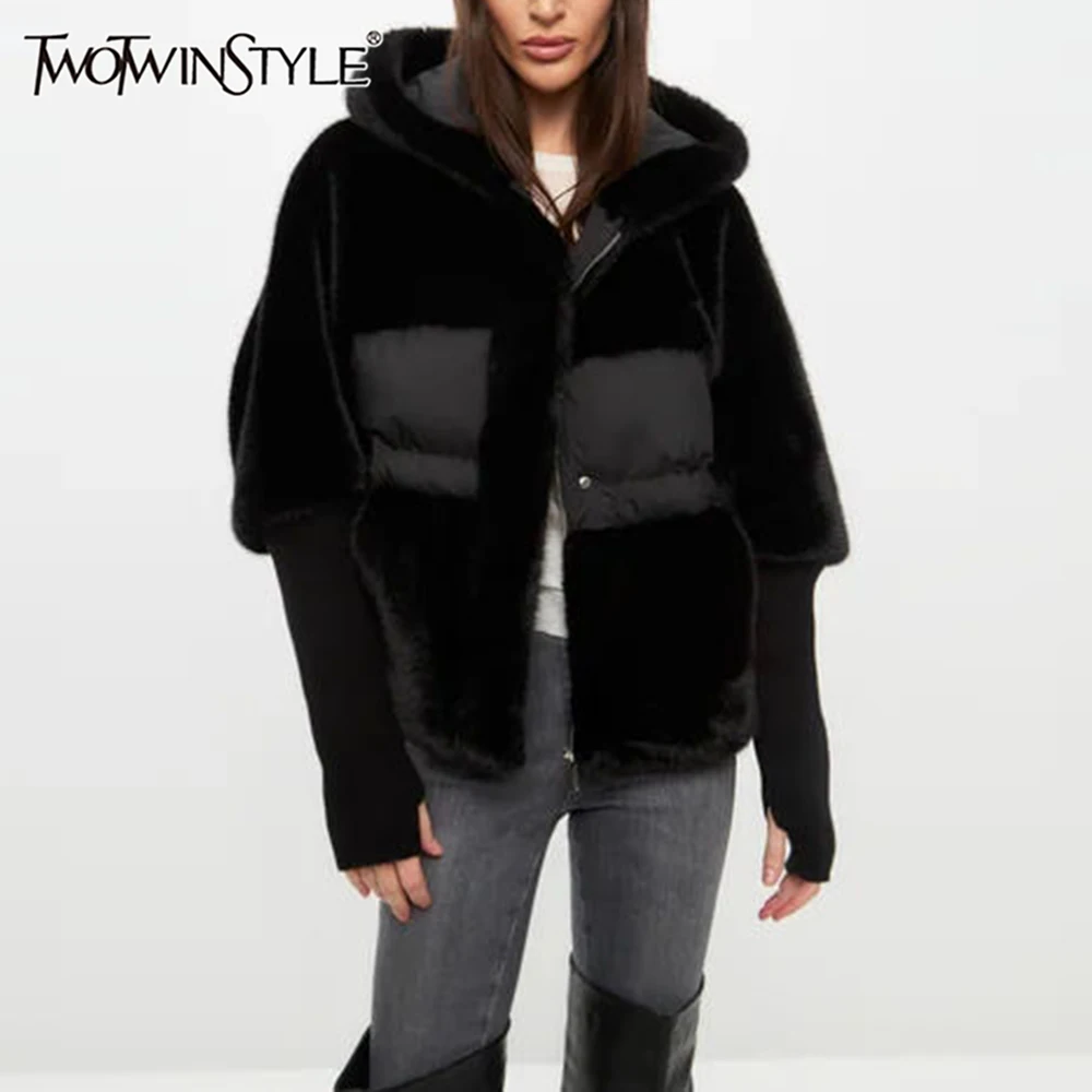 

TWOTWINSTYLE Fashion Loose Spliced Fur Temperament Parkas for Women Hooded Collar Long Sleeves Patchwork Zipper Parka Female New