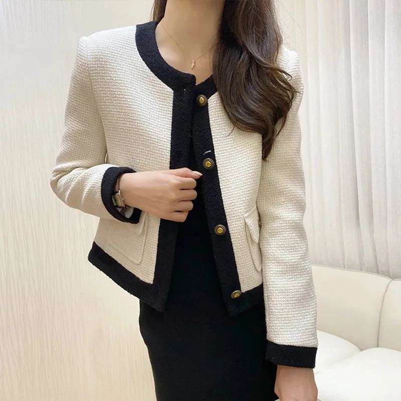 

French Luxury Small Fragrance Wind Short Coat Women's Autumn New Beige Long sleeved Single breasted Thick Tweed Weave Jacket