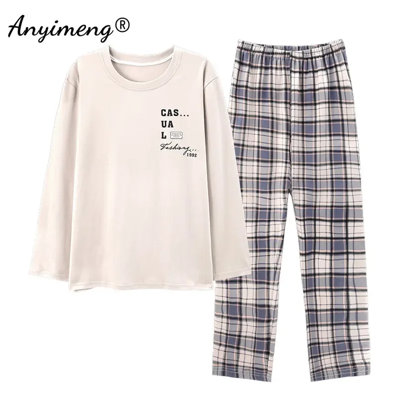 Herbst Winter männer Hause Anzüge Lange ärmeln Hosen Anzüge Plus Größe 4XL Pijamas für Männer Gestrickte Baumwolle Plaid design Pyjamas