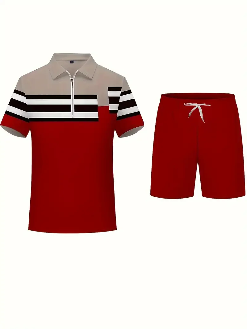 Splice 3D Print 2-piece Fashion Men's Casual Summer Outfit Set Quarter Zip Short Sleeve Golf Shirt & Waist Drawstring Shorts Set